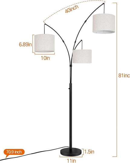 OUTON Floor Lamp with Remote Control, Modern Bright Lamps for Living Room, Adjustable 3-Light Tall Arched Lamp for Bedroom, Office, 2400lm Mid Century Design with Hanging Shade - LeafyLoom