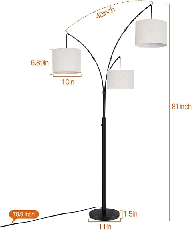 OUTON Floor Lamp with Remote Control, Modern Bright Lamps for Living Room, Adjustable 3-Light Tall Arched Lamp for Bedroom, Office, 2400lm Mid Century Design with Hanging Shade - LeafyLoom