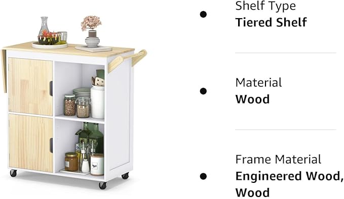 Usinso Rolling Kitchen Island, Kitchen Island Storage Cabinets on Wheels with Drop Leaf Countertop, Handle Racks, Caster Liquor Cart Suitable for Placing (White) - LeafyLoom