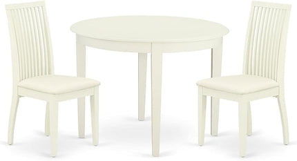 East West Furniture BOIP3-WHI-C 3Pc Dinette Set Includes a Rounded Kitchen Table and Two Linen Fabric Seat Dining Chairs, White Finish, 42x42 Inch - LeafyLoom