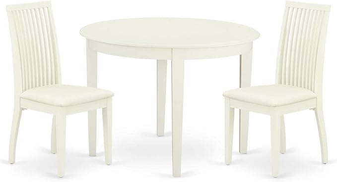 East West Furniture BOIP3-WHI-C 3Pc Dinette Set Includes a Rounded Kitchen Table and Two Linen Fabric Seat Dining Chairs, White Finish, 42x42 Inch - LeafyLoom