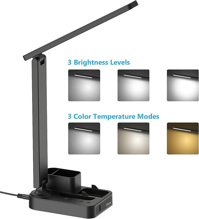 Drevet LED Desk Lamp with Pen Holder, Study Table Light with USB Charging Port, 3 Lighting Modes, 3 Level Brightness,1H Timer, Touch Control, Eye-Caring Lamp, Dorm Room Essential for College Students - LeafyLoom