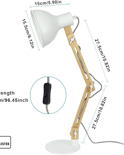 DINGLILIGHTING DLLT Swing Arm Desk Lamp, Wood Adjustable Gooseneck Table Lamp, Modern Architect Desk Light, Reading Light for Work, Study, Bedroom, Home Office, White Metal Shade, E26 Bulb Included - LeafyLoom