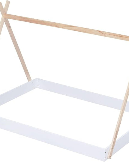 Bellemave Full Size Tent Floor Bed Frame with Triangle Structure, Teepee Bed Platform Bed for Kids,Montessori Floor Bed for Girls Boys(Full,White+Natural) - LeafyLoom