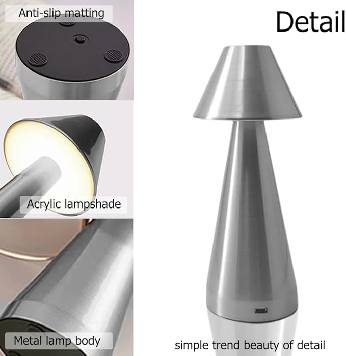 Portable Metal Desk Lamp, Cordless Metal LED Table Lamp,3 Color Touch Control Rechargeable Lamp,3-Levels Brightness Room Decor Desk Lamp,Bedside Lamp,Dining Room Lamp (Silver) - LeafyLoom