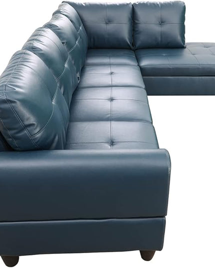 ROOMTEC Button 3 Piece L Shape Sectional Sofa Set, Upholstered Corner Couch with Storage Ottoman, Faux Leather Tufted Cushions, for Living Room, Apartment, 97inch, Denim w/Right Chaise Lounge - LeafyLoom