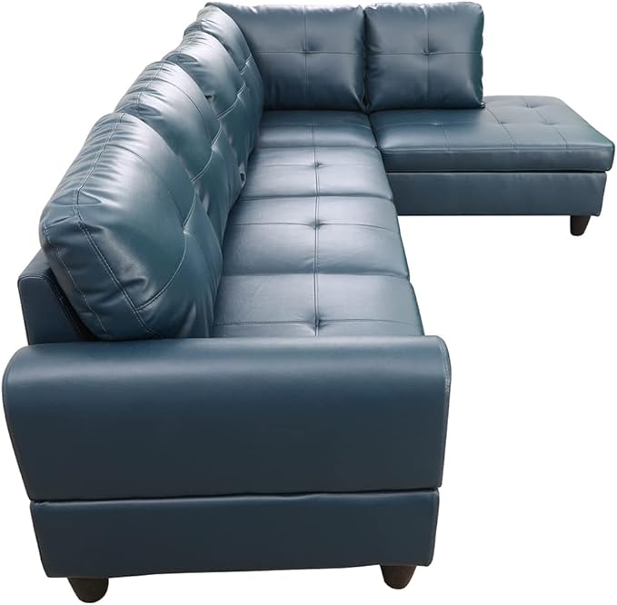 ROOMTEC Button 3 Piece L Shape Sectional Sofa Set, Upholstered Corner Couch with Storage Ottoman, Faux Leather Tufted Cushions, for Living Room, Apartment, 97inch, Denim w/Right Chaise Lounge - LeafyLoom