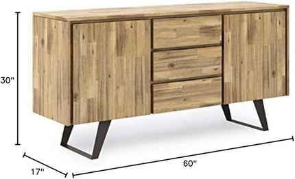 SIMPLIHOME Lowry SOLID ACACIA WOOD and Metal 60 Inch Wide Rectangle Modern Industrial Sideboard Buffet in Distressed Golden Wheat, For the Dining Room and Kitchen - LeafyLoom