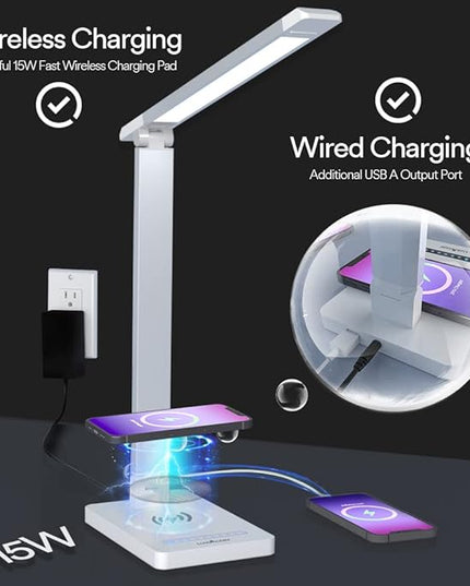 Eye-Caring LED Desk Lamp Table Lamp Reading Lamp Touch lamp with Wireless Charger and USB Port,Foldable Dimmable Small Table Desk Lamp for Living Room Bedroom Bedside Office Study,Modern White - LeafyLoom