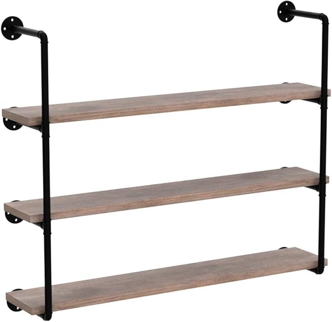 Industrial Wall Mounted Pipe Shelving,Rustic Metal Floating Shelves,Steampunk Real Wood Bookcases,DIY Bookshelf Hanging Shelves,Farmhouse Kitchen Bar Office Home Storage (4-Tier with 3 Boards,48in) - LeafyLoom