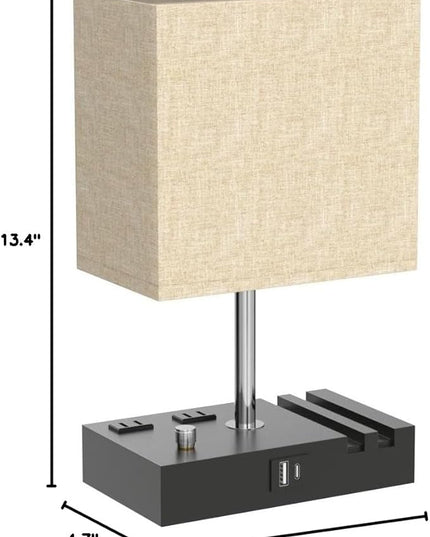 Kakanuo Table Lamp for Bedroom with Dual USB Ports, Beige Fully Dimmable Bedside Lamp with Phone Stands and 2 Charging Outlets, Desk Lamp for Nightstand and Living Room, LED Bulb Included - LeafyLoom