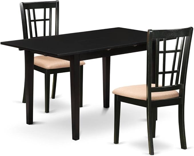 East West Furniture NONI3-BLK-C 3 Piece Modern Dining Table Set Contains a Rectangle Wooden Table with Butterfly Leaf and 2 Linen Fabric Upholstered Chairs, 32x54 Inch, Black - LeafyLoom