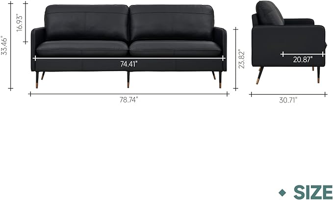79" Genuine Leather Sofa, Top-Grain 3 Seater Leather Couch, Mid-Century Modern Upholstered Sofa for Living Room Bedroom Apartment Office, Black - LeafyLoom