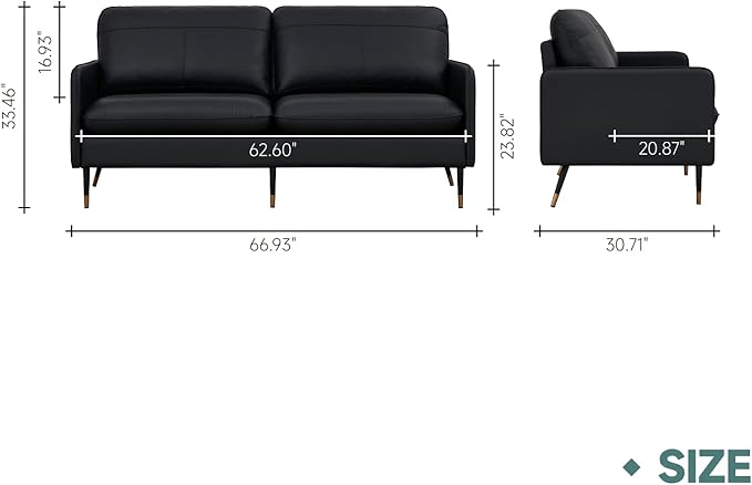 67" Top-Grain Leather Sofa, 2 Seater Loveseat Couch, Mid-Century Modern Leather Couch for Living Room Bedroom Apartment Office, Black - LeafyLoom