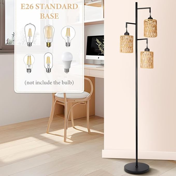 Farmhouse Floor Lamp, Industrial Style Tall Lamps, Boho Tree Standing Tall Lamp with Sturdy Modern Vintage Design for Living Room Bedroom Office Dining Room(Black) - LeafyLoom