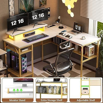 Unikito Reversible L Shaped Desk with Power Outlets and Smart LED Light, 55 Inch Computer Office Desk, Unique Grid Design, Corner Writing Gaming Table with Monitor Stand and Storage Shelf, White - LeafyLoom