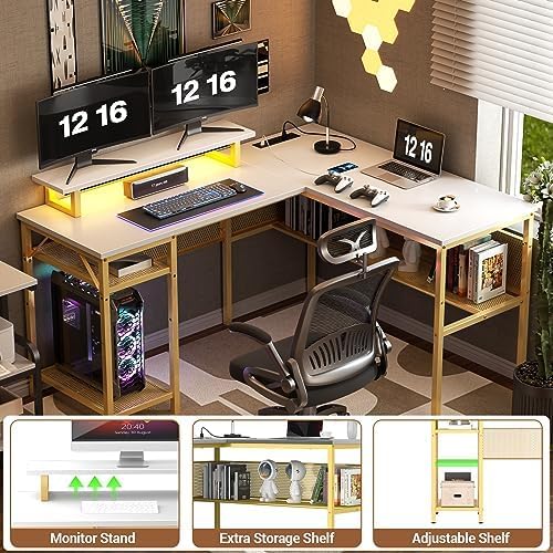 Unikito Reversible L Shaped Desk with Power Outlets and Smart LED Light, 55 Inch Computer Office Desk, Unique Grid Design, Corner Writing Gaming Table with Monitor Stand and Storage Shelf, White - LeafyLoom