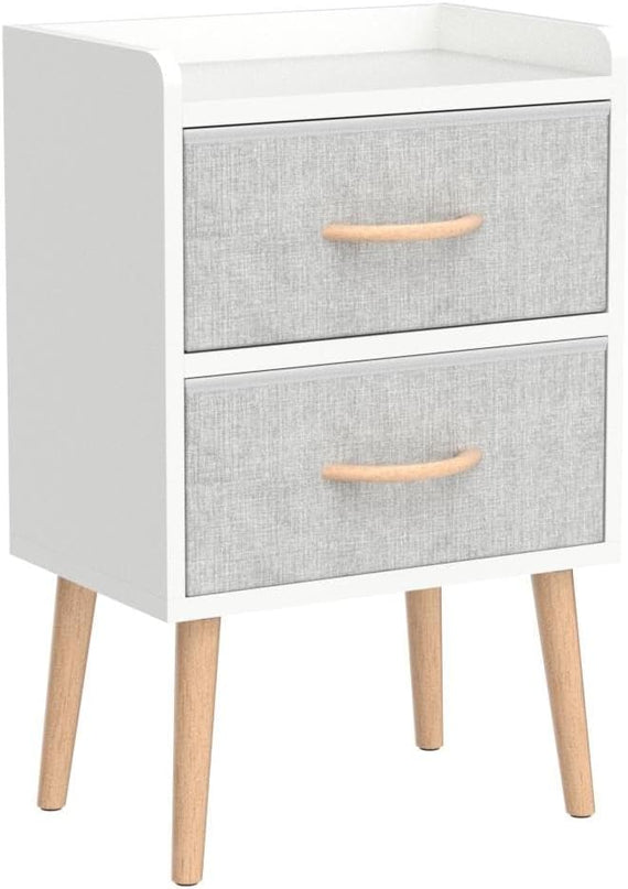 LUCKNOCK NightStand with 2 Fabric Drawers, Bedside Table with Solid Wood Legs, Minimalist and Practical End Side Table for Bedroom, White. - LeafyLoom