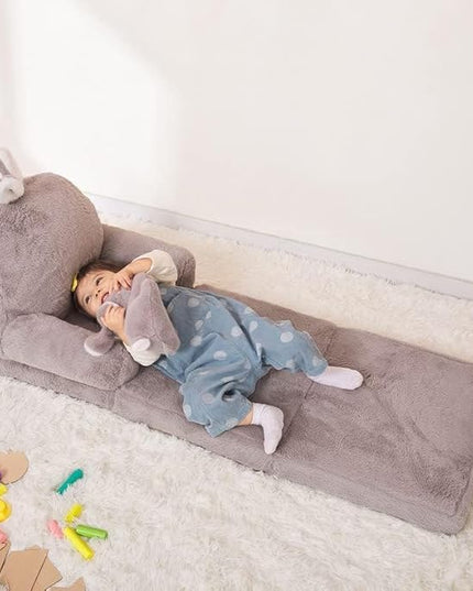 Kids Couch Fold Out Soft Toddler Chairs,Toddler Armrest Chair Bed for Play,Gift for 0-3 Years,Grey Bunny - LeafyLoom