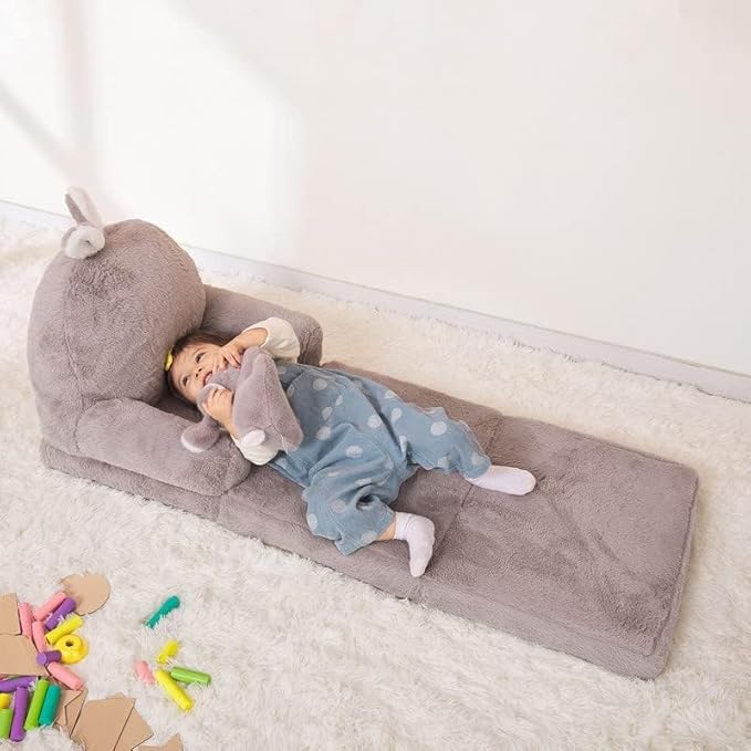 Kids Couch Fold Out Soft Toddler Chairs,Toddler Armrest Chair Bed for Play,Gift for 0-3 Years,Grey Bunny - LeafyLoom