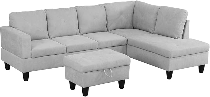ROOMTEC 3 Piece L Shape Sectional Sofa Set, Upholstered Corner Couch with Storage Ottoman & Right Chaise Lounge, Flannelette Tufted Cushions, for Living Room, Apartment, Grey White - LeafyLoom
