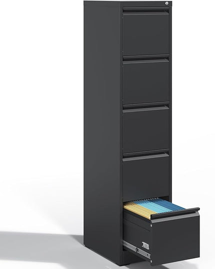 5 Drawer File Cabinet with Lock, Metal Vertical Filing Cabinets for Home Office, Steel Storage Cabinet for Hanging Legal/Letter Size Files, Assembly Required (Black) - LeafyLoom