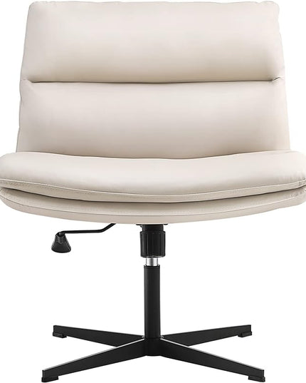 EMIAH Armless Office Desk Chair No Wheels PU-Padded Vanity Mid-Back Ergonomic Home Computer Comfortable Adjustable Swivel Task Chair with Thickened Cushion - LeafyLoom