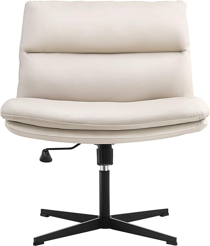 EMIAH Armless Office Desk Chair No Wheels PU-Padded Vanity Mid-Back Ergonomic Home Computer Comfortable Adjustable Swivel Task Chair with Thickened Cushion - LeafyLoom
