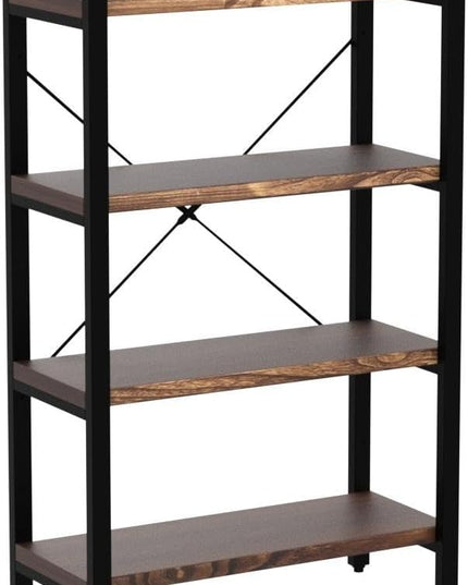 Solid Wood Bookshelf,4 Tier Rustic Vintage Industrial Etagere Bookcase, Open Metal and Wood Vintage Book Shelf, Retro Brown (Real Wood)(4-Tier) - LeafyLoom
