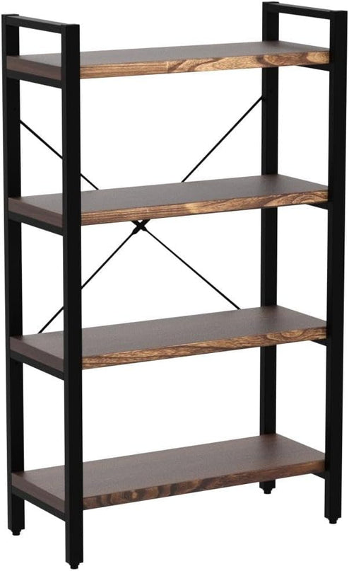 Solid Wood Bookshelf,4 Tier Rustic Vintage Industrial Etagere Bookcase, Open Metal and Wood Vintage Book Shelf, Retro Brown (Real Wood)(4-Tier) - LeafyLoom