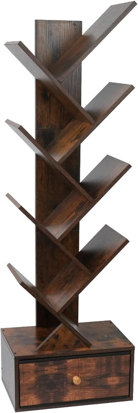8-Tier Bookshelf Tree Bookshelf Book Tree with Drawer Wooden Bookshelves Storage Rack for CDs/Books, Shelves for Bedroom, Living Room & Office (Rustic Brown) - LeafyLoom