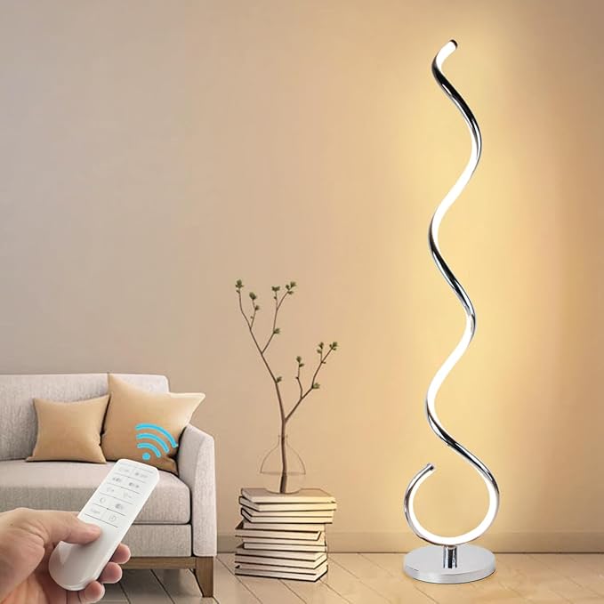 Modern Floor Lamps for Living Room, 40W Dimmable LED Spiral Floor Lamp with Remote, Adjustable Colors & Brightness Standing Lamp Reading Lamp Corner Floor Lamp for Bedroom, Office - Silver - LeafyLoom
