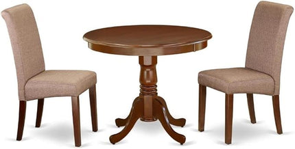East West Furniture ANBA3-MAH-18 3 Piece Dinette Set for Small Spaces Contains a Round Kitchen Table with Pedestal and 2 Brown Linen Fabric Parsons Chairs, 36x36 Inch - LeafyLoom