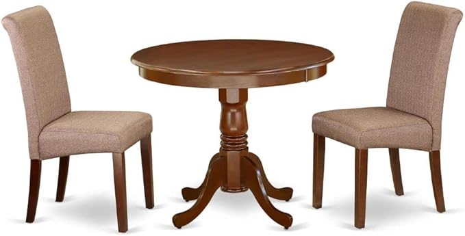 East West Furniture ANBA3-MAH-18 3 Piece Dinette Set for Small Spaces Contains a Round Kitchen Table with Pedestal and 2 Brown Linen Fabric Parsons Chairs, 36x36 Inch - LeafyLoom