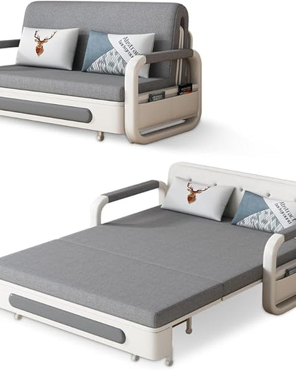 62" Modern Light Gray Cotton Linen Upholstered Convertible Pull Out Sofa Bed Storage - LeafyLoom