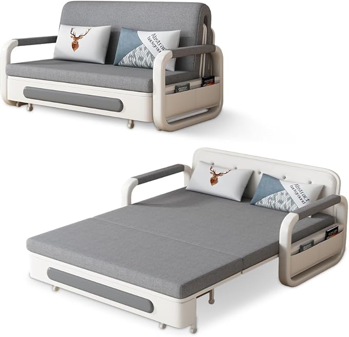 62" Modern Light Gray Cotton Linen Upholstered Convertible Pull Out Sofa Bed Storage - LeafyLoom