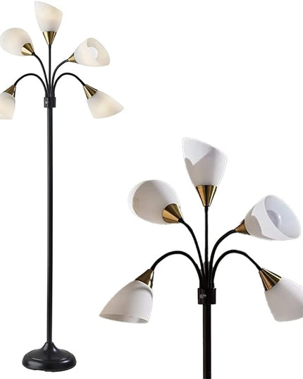 Adesso 7205-01 Multi-White Shade Floor Lamp, Adjustable Gooseneck Arms, Black w. Antique Brass Accents - LeafyLoom