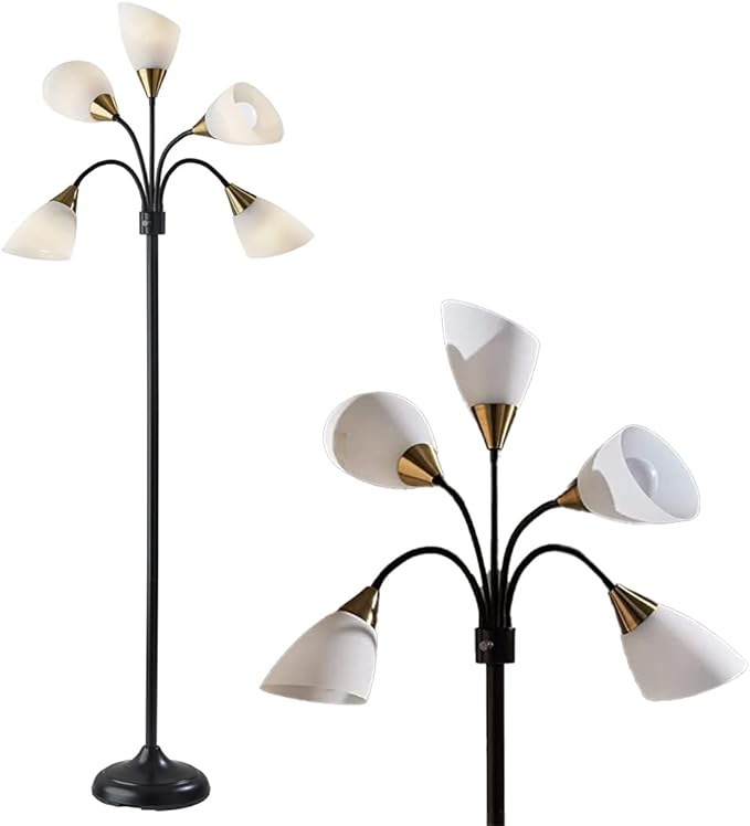 Adesso 7205-01 Multi-White Shade Floor Lamp, Adjustable Gooseneck Arms, Black w. Antique Brass Accents - LeafyLoom