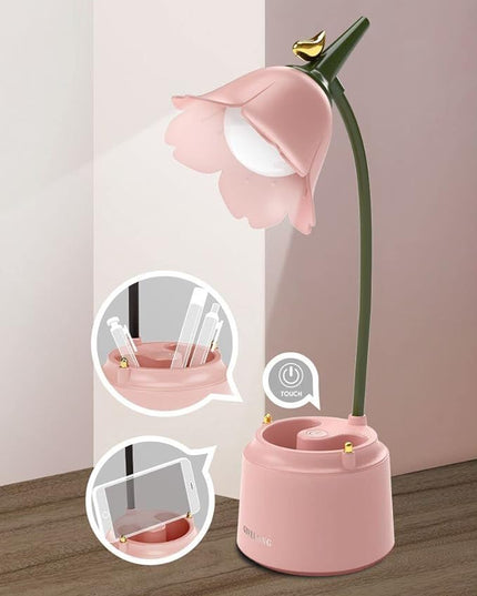 Pink Desk Lamp, Rechargeable LED Lamp with USB Charging Port, Kawaii Desk Accessories, 3 Color Modes & Stepless Dimming, Cute Lamp for College Dorm Bedroom Reading - LeafyLoom