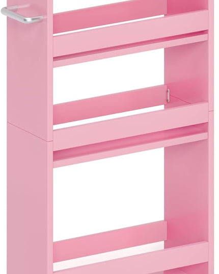 MARTY Pink Slim Storage Cart, 4-Tier Rolling Bookshelf Kitchen Cart on Wheels, Laundry Room Organization with Handle Slide Out Utility Cart Shelving Unit Trolley for Narrow Places - LeafyLoom