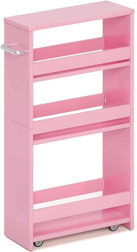 MARTY Pink Slim Storage Cart, 4-Tier Rolling Bookshelf Kitchen Cart on Wheels, Laundry Room Organization with Handle Slide Out Utility Cart Shelving Unit Trolley for Narrow Places - LeafyLoom