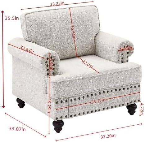 Upholstered Chenille Single Sofa Chair with Rolled Armrest,Modern Armchairs with Wood Turned Legs and Nailhead Trim Design, for Living Room,Bedroom and Office, White, 37" W - LeafyLoom