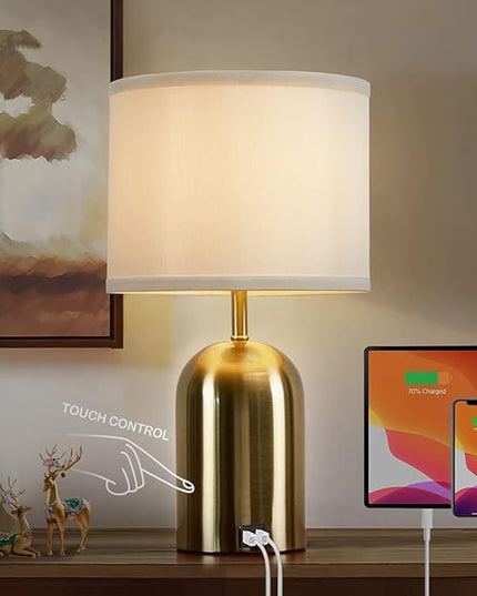 Bedside Lamp with USB Port, Touch Control Table Lamp for Bedroom 3 Way Dimmable Modern Nightstand Lamp with Fabric Shade Gold Base for Living Room, Dorm, Home Office, LED Bulb Included - LeafyLoom