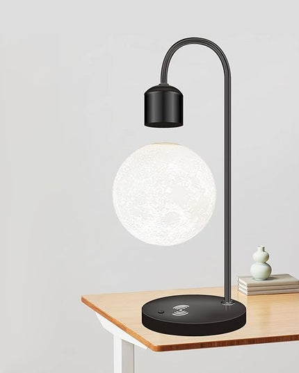 Unique Modern Levitating Moon Lamp with Built-in Qi Wireless Charger, Simplistic and Innovative Design, Warm Decorative LED Light for Home and Office (Black) - LeafyLoom