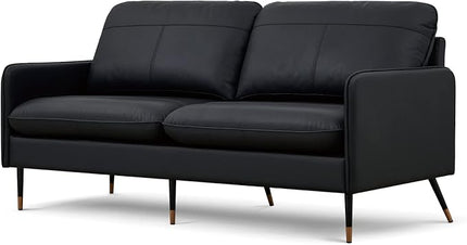 79" Top-Grain Leather Sofa, 3 Seater Leather Couch, Mid-Century Modern Couch for Living Room Bedroom Apartment Office, Black - LeafyLoom