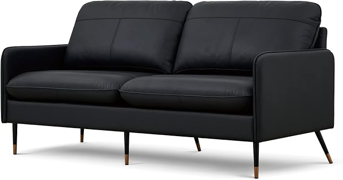 67" Top-Grain Leather Sofa, 2 Seater Loveseat Couch, Mid-Century Modern Leather Couch for Living Room Bedroom Apartment Office, Black - LeafyLoom