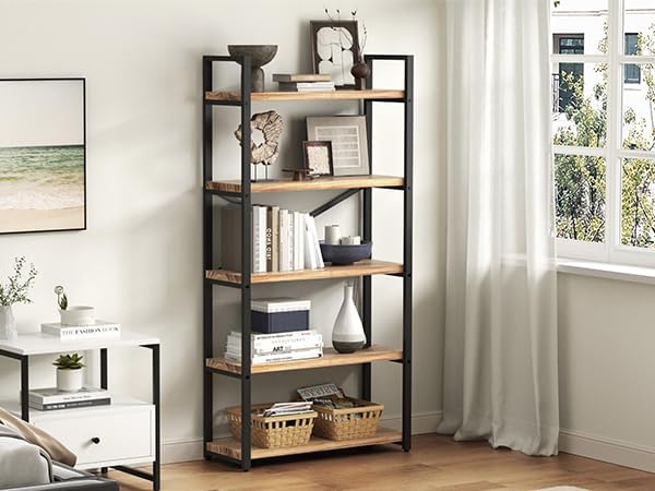 5 Tier Solid Real Wood Bookshelf Rustic Industrial Style, Wooden Storage Shelves Etagere Bookcase Book Shelf Display Shelf for Home Office, Dark Brown - LeafyLoom
