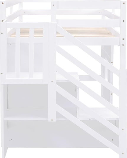 Twin Size Low Loft Bed with Storage Staircase,Kids Loft Bed Twin with Window,Space-Saving Low Loft Bed Frame for for Teens, Boys, Girls,White - LeafyLoom