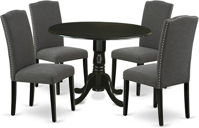 East West Furniture Dublin 5 Piece Set includes a Round Dining Room Table with Dropleaf and 4 Dark Gotham Linen Fabric Upholstered Parson Chairs, 42x42 Inch, DLEN5-BLK-20 - LeafyLoom