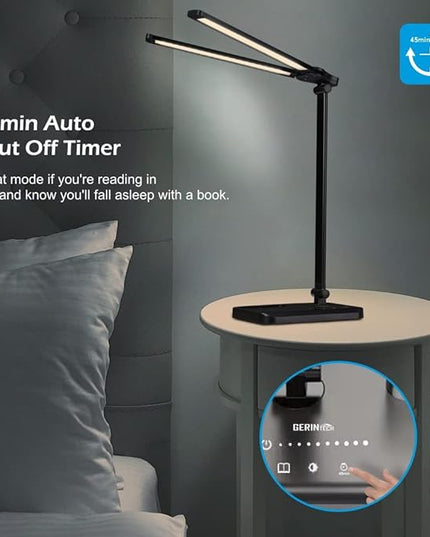 GERINTECH Dual Shade LED Desk Lamp with USB Charging Port & Pen Holder, Bright Table Lamp with Auto Shut-off Timer, 10 Adjustable Brightness, 5 Color Modes (Black) - LeafyLoom